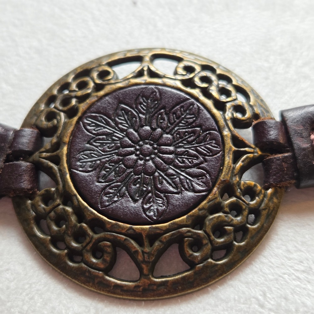 Boho Braided Brown Leather Chain Belt Antique Brass Floral Medallion Adjustable